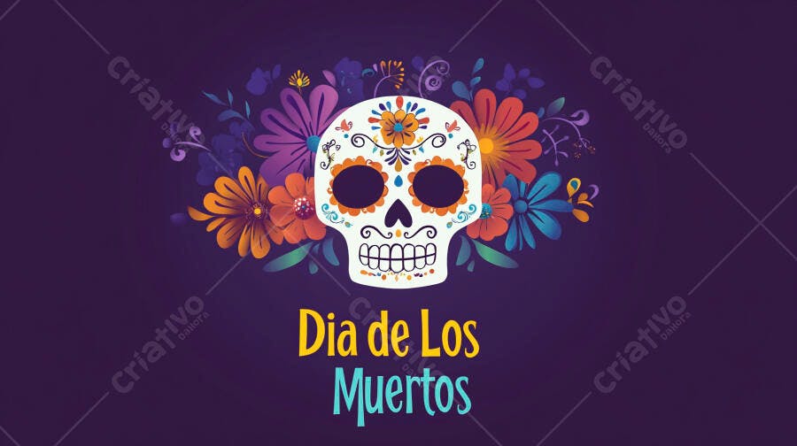 Calavera decorada com flores vibrantes para o Dia de Los Muertos