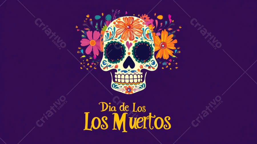 Caveira mexicana colorida para Dia de Los Muertos com flores vibrantes