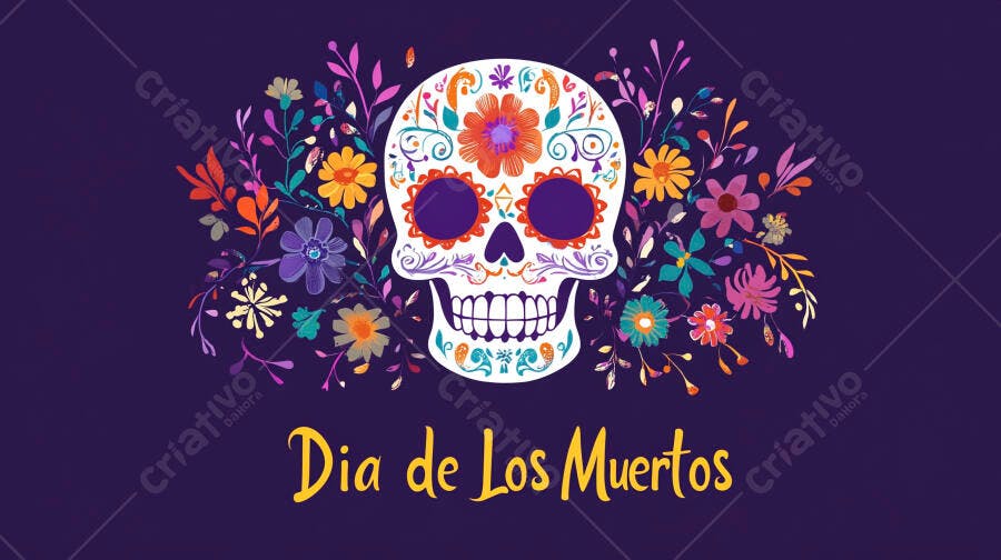 Calavera colorida para Dia de los Muertos com flores vibrantes e fundo roxo