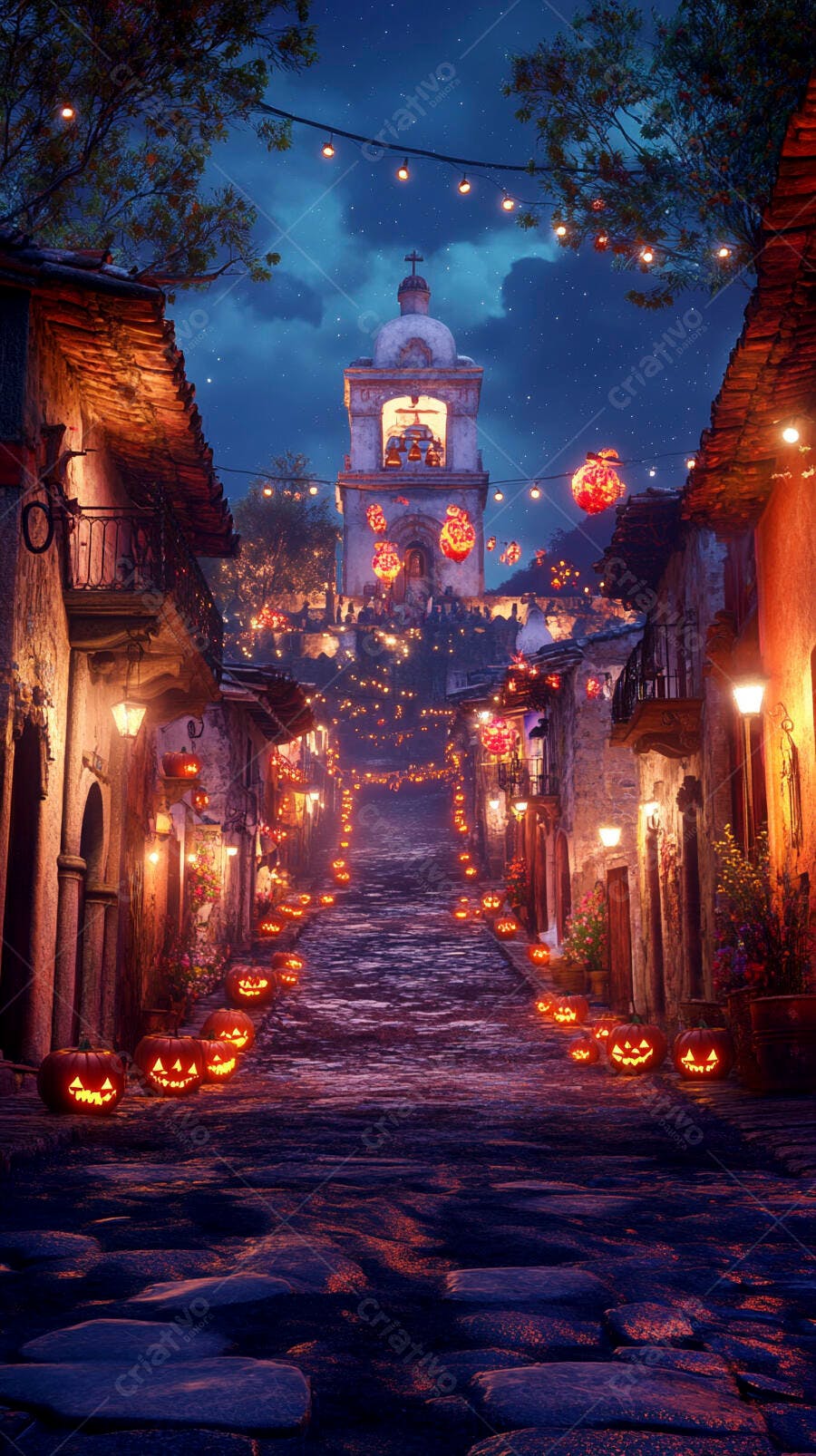Rua de paralelepípedos decorada para Halloween à noite com abóboras luminosas e igreja