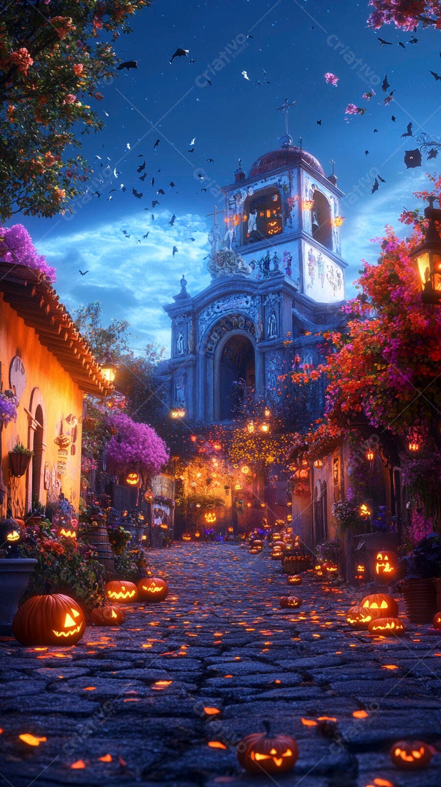 Rua de vila decorada com abóboras de Halloween e igreja antiga à noite