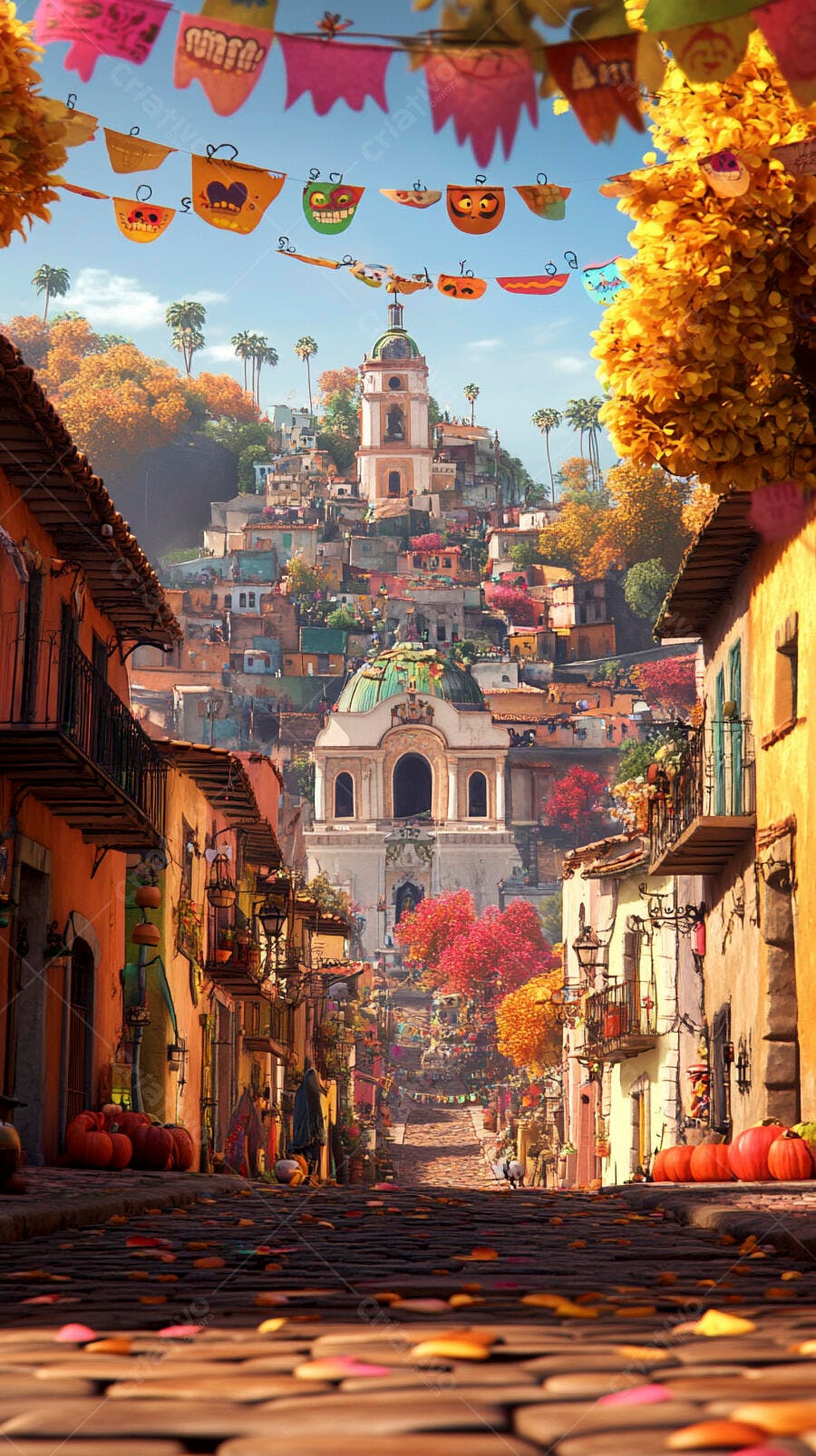 Cidade colorida festiva com igreja e abóboras no outono