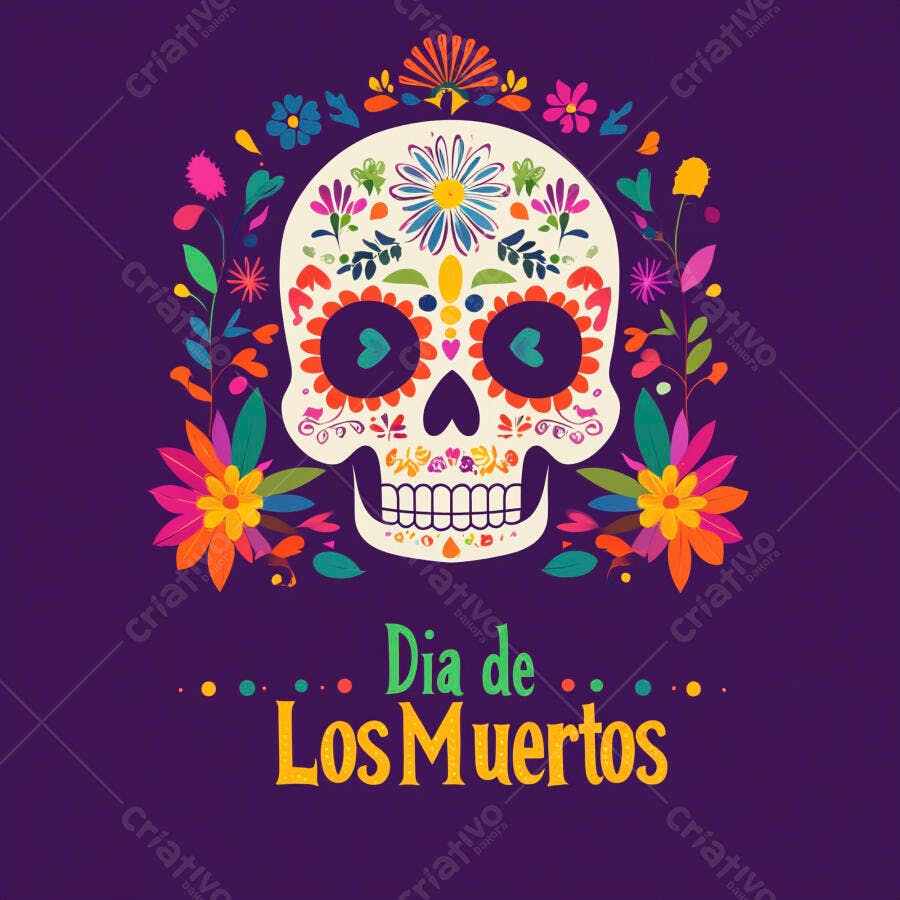Calavera de açúcar decorada com flores coloridas Dia de Los Muertos