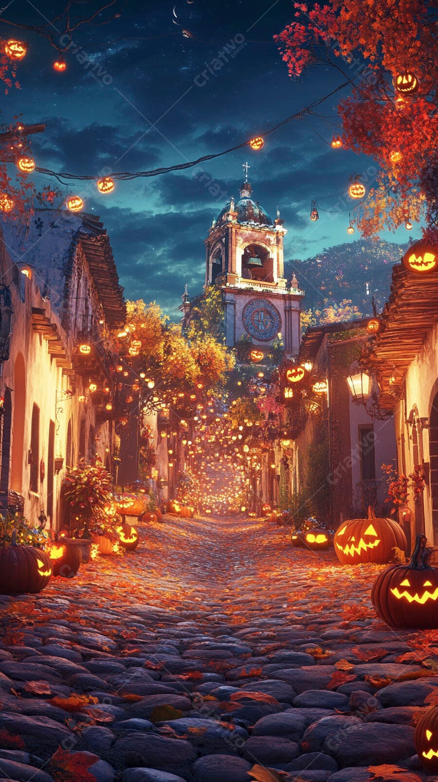 Rua de Halloween em vila antiga com abóboras luminosas e folhas de outono