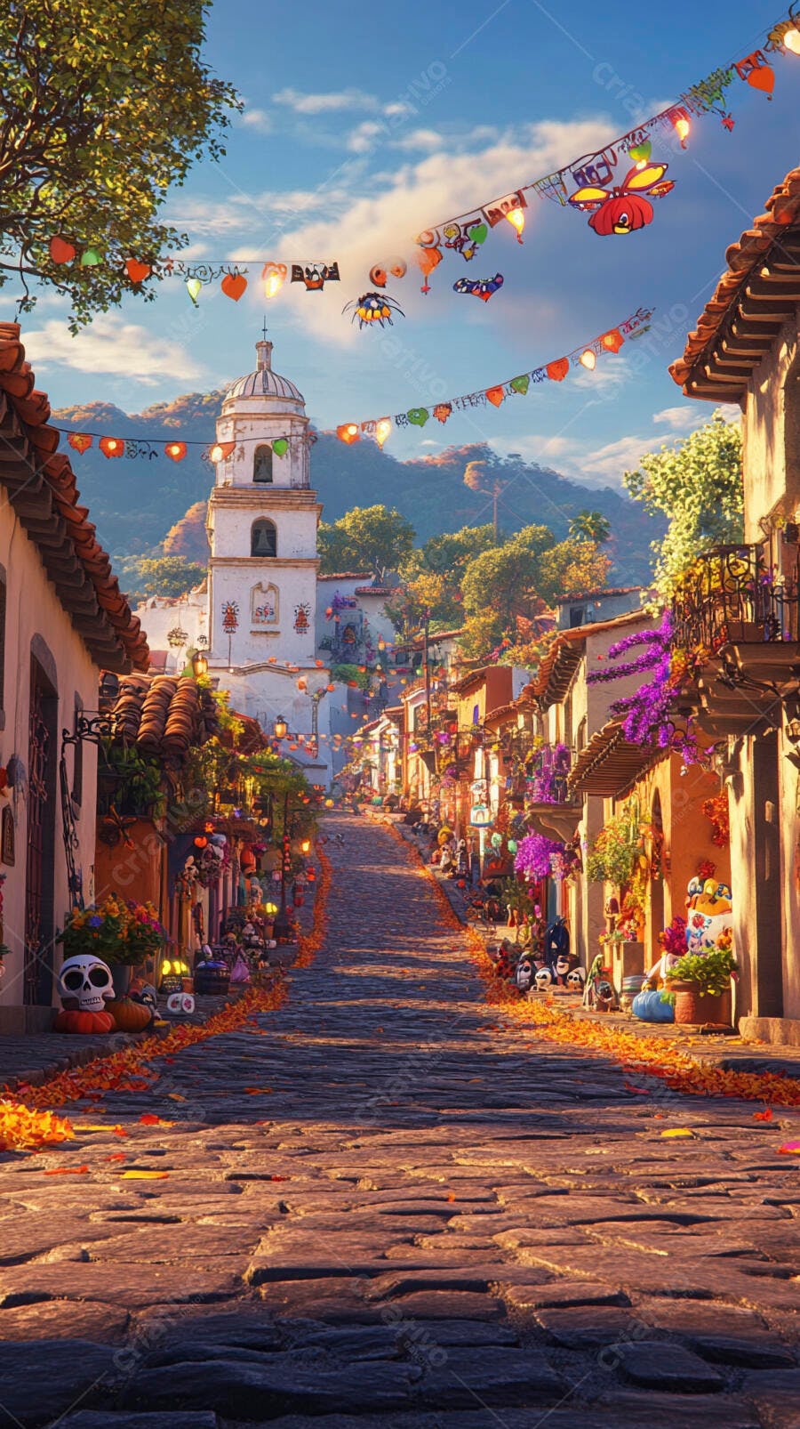 Vila mexicana colorida em celebração do Dia dos Mortos
