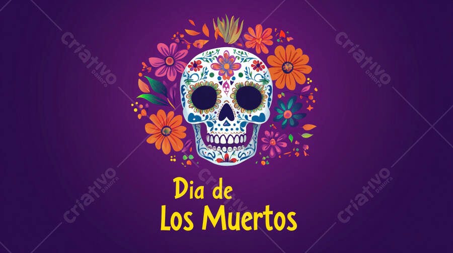 Caveira de açúcar mexicana decorada com flores coloridas no Dia de Los Muertos