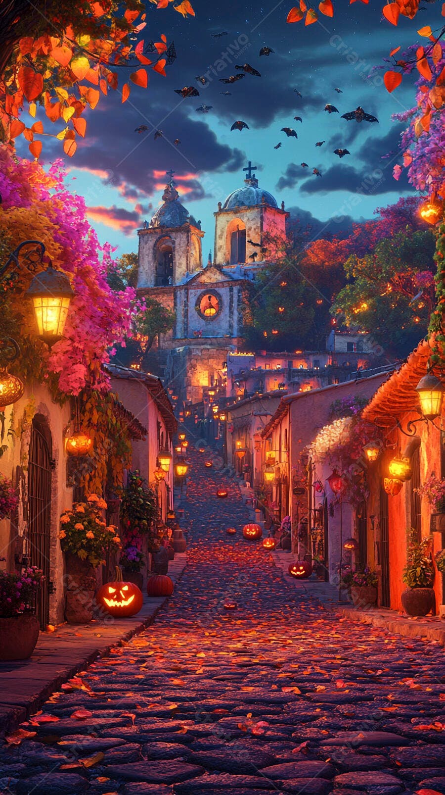Rua de cidade antiga decorada para Halloween com abóboras e morcegos outonais