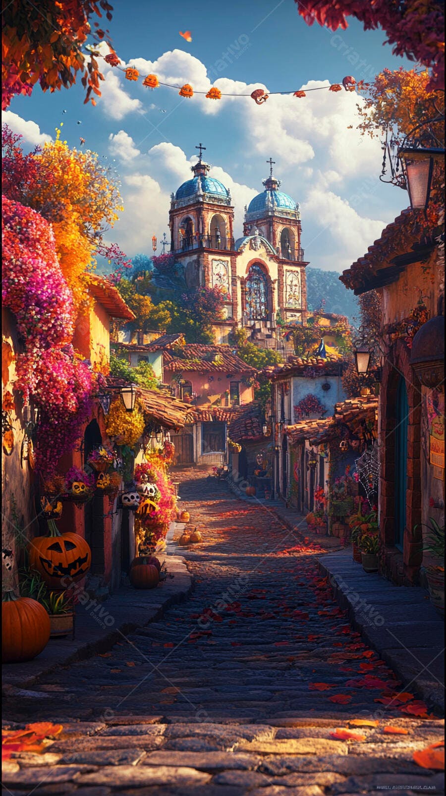 Rua colonial colorida decorada Dia de los Muertos e Halloween com igreja azul