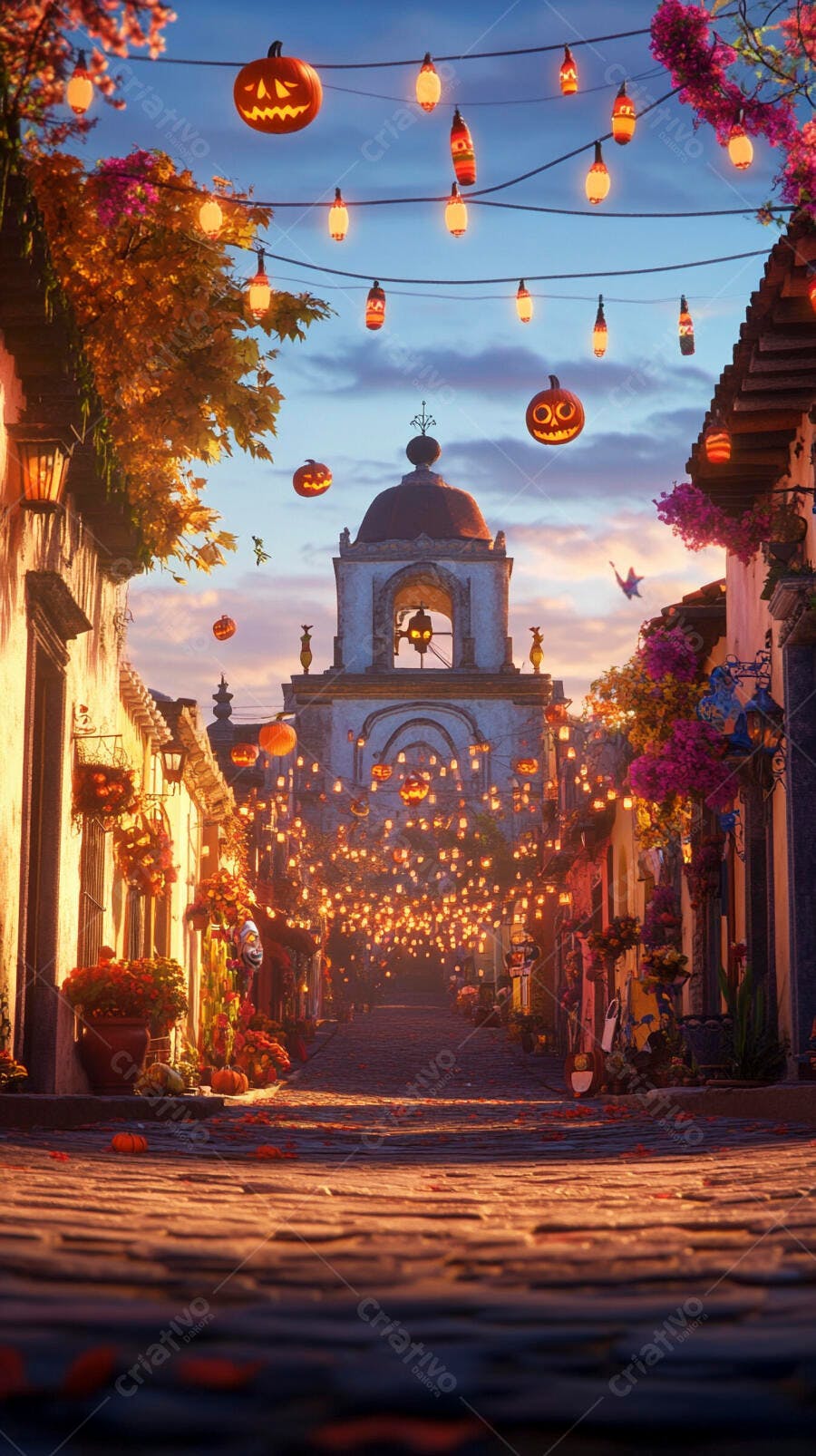 Rua de paralelepípedos iluminada com abóboras de Halloween e lanternas coloridas ao anoitecer