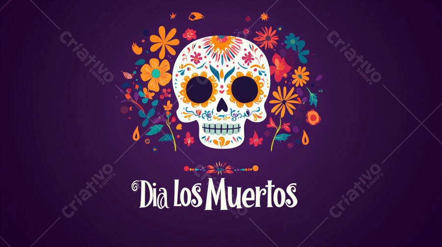 Calavera mexicana colorida Dia de los Muertos e flores vibrantes