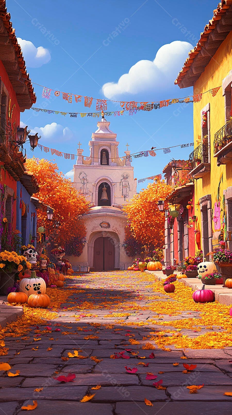 Rua colorida com igreja decorada para Dia de Los Muertos e abóboras de outono