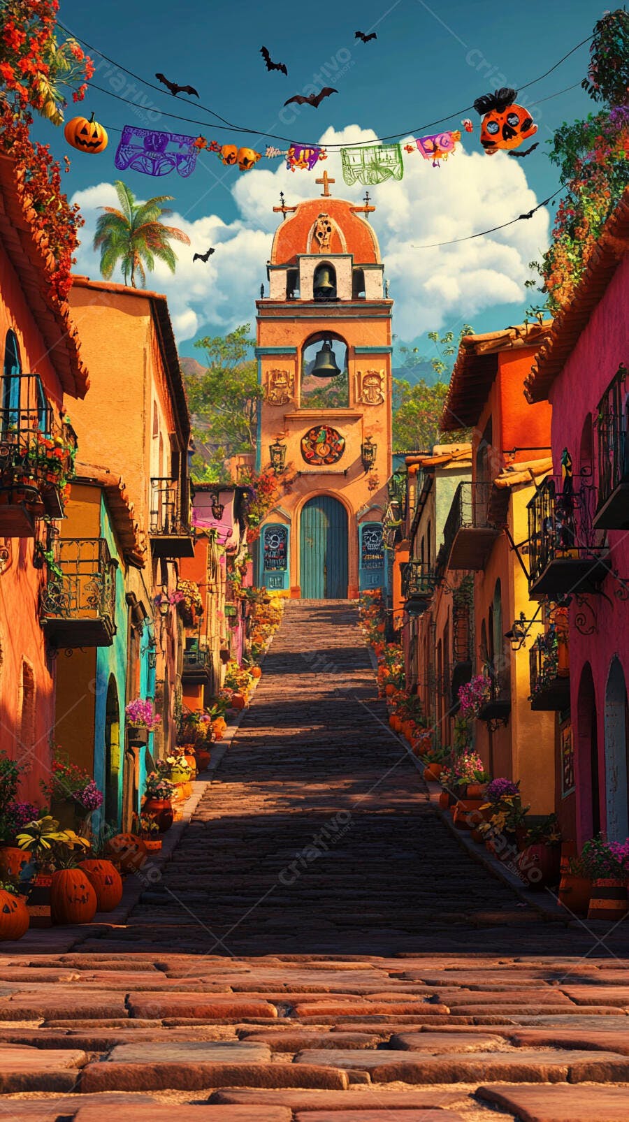 Rua colorida de cidade mexicana com igreja decorada para Dia de los Muertos