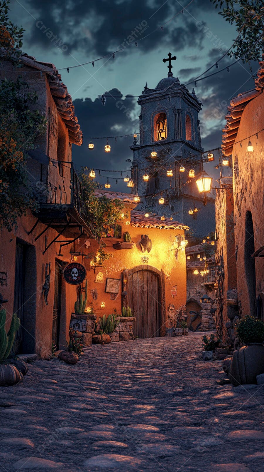 Rua de vila mexicana com luzes de festa e decoração de Halloween