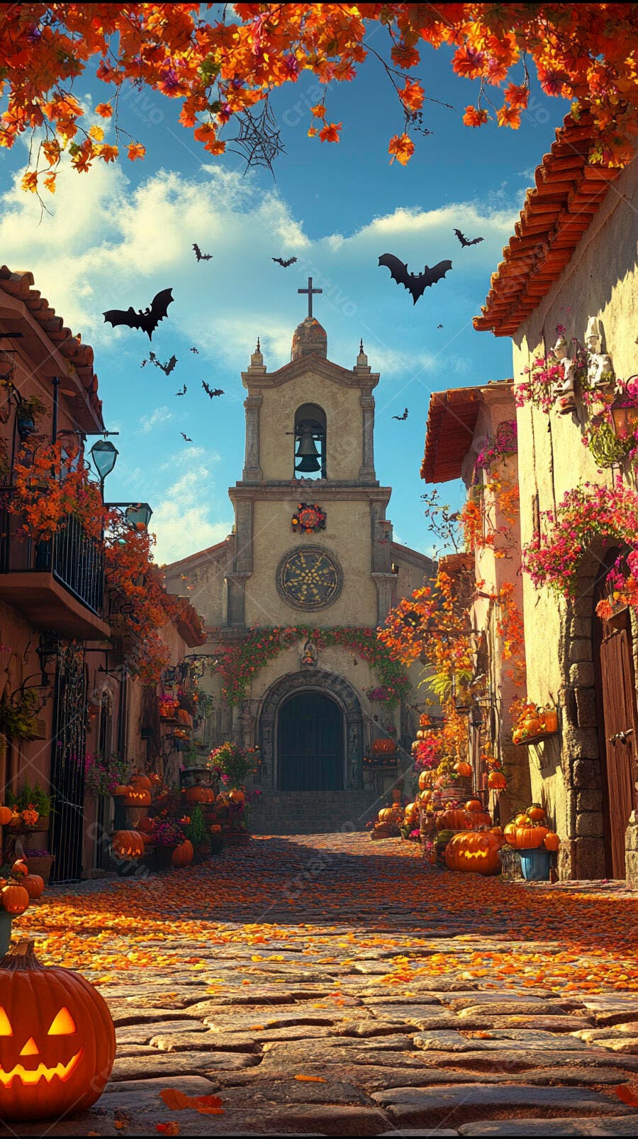 Rua de Halloween com abóboras folhas de outono e morcegos sobre igreja