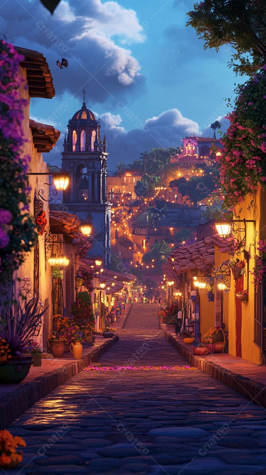Rua de cidade antiga iluminada à noite com flores roxas e arquitetura colonial