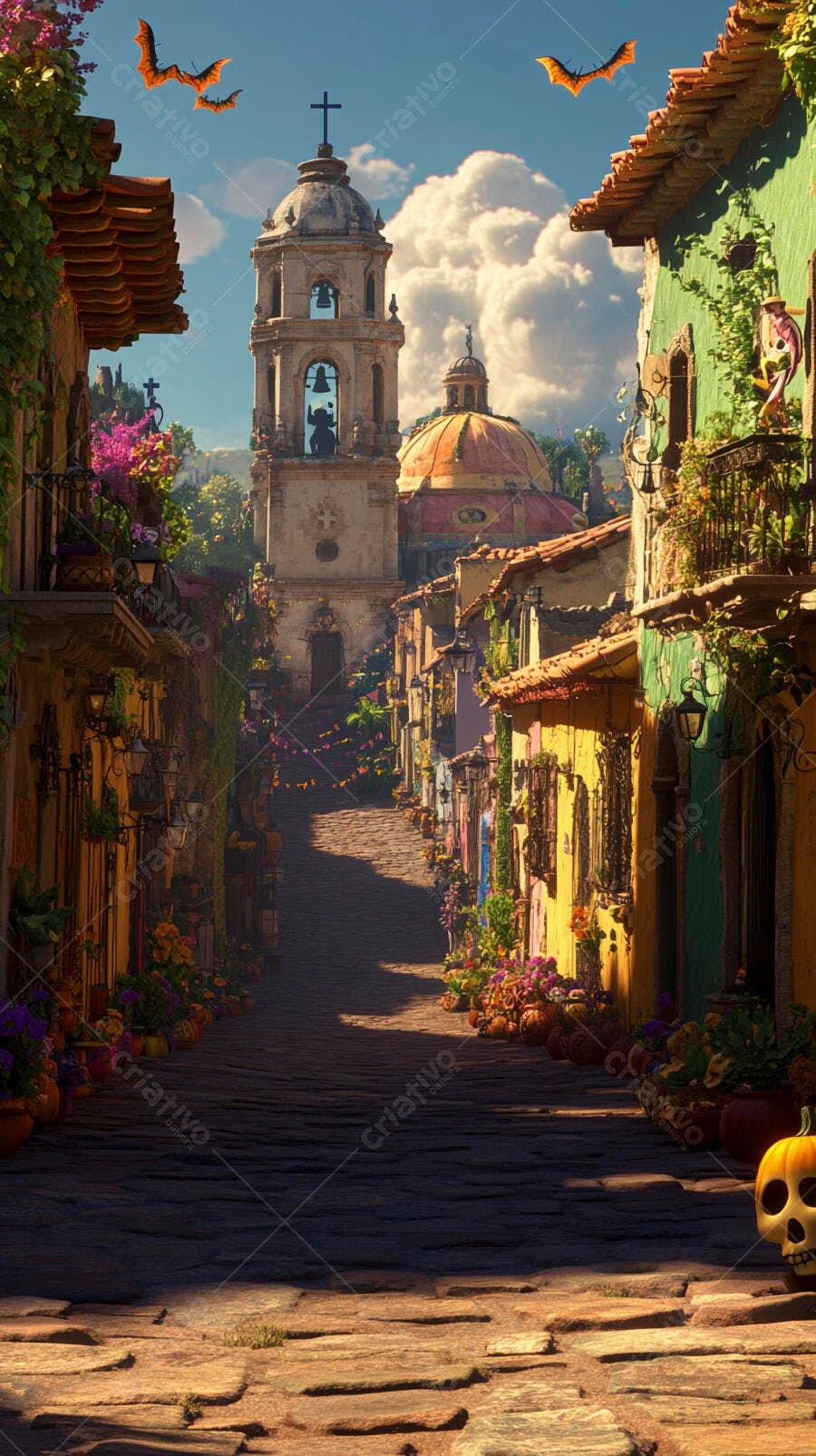 Rua de vilarejo colonial colorida com igreja e abóboras outonais