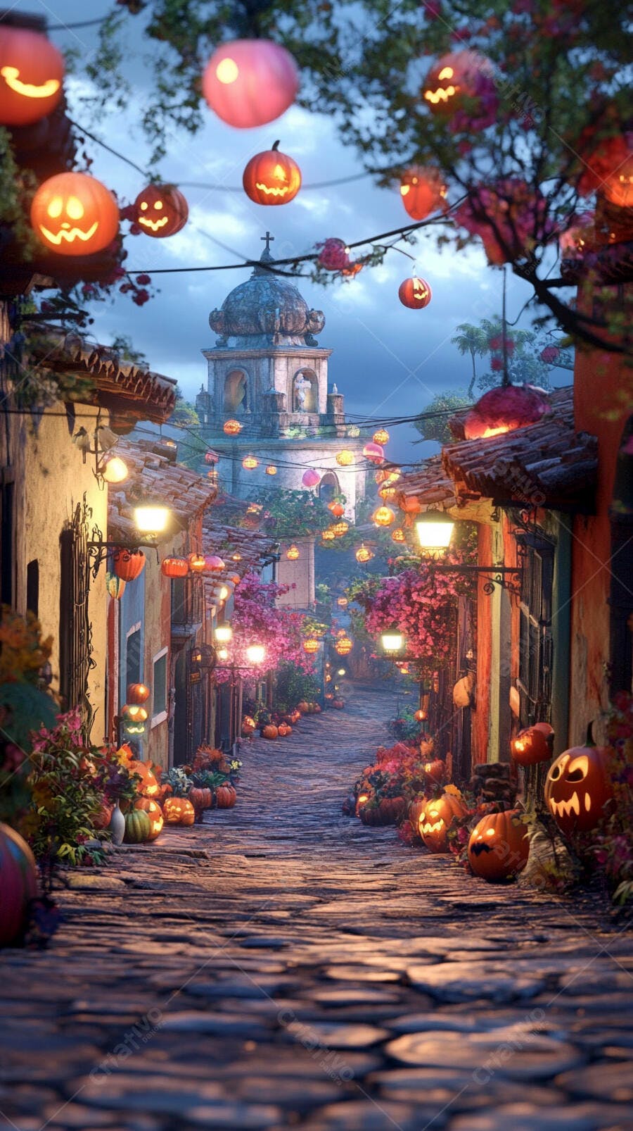Rua decorada com abóboras luminosas e flores vibrantes à noite