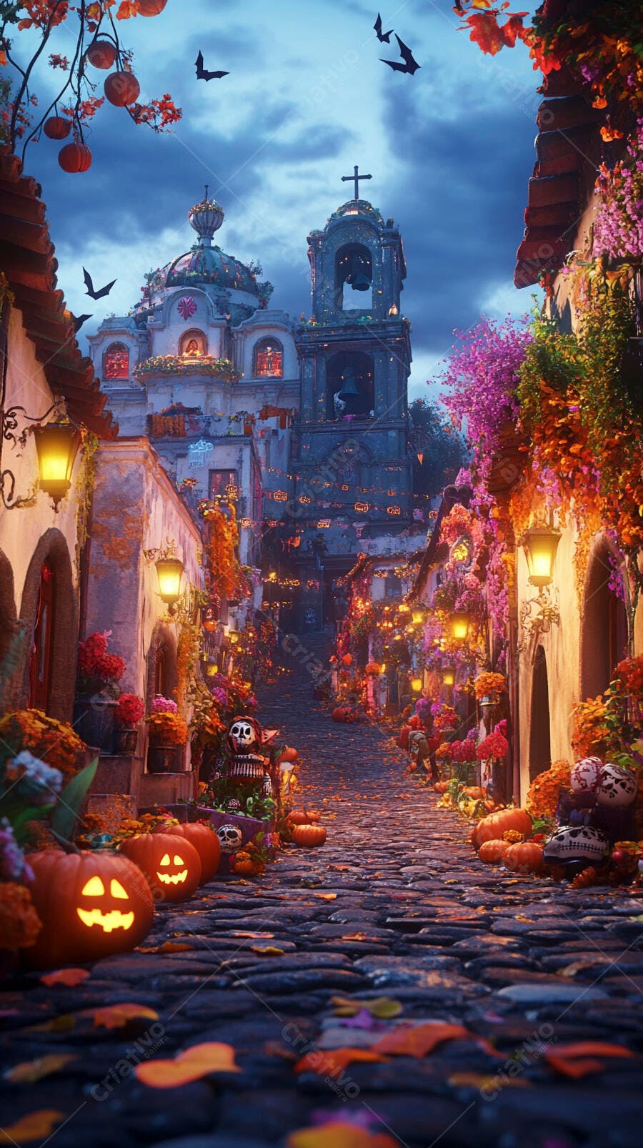 Rua noturna mexicana em Dia dos Mortos com abóboras luminosas e flores vibrantes