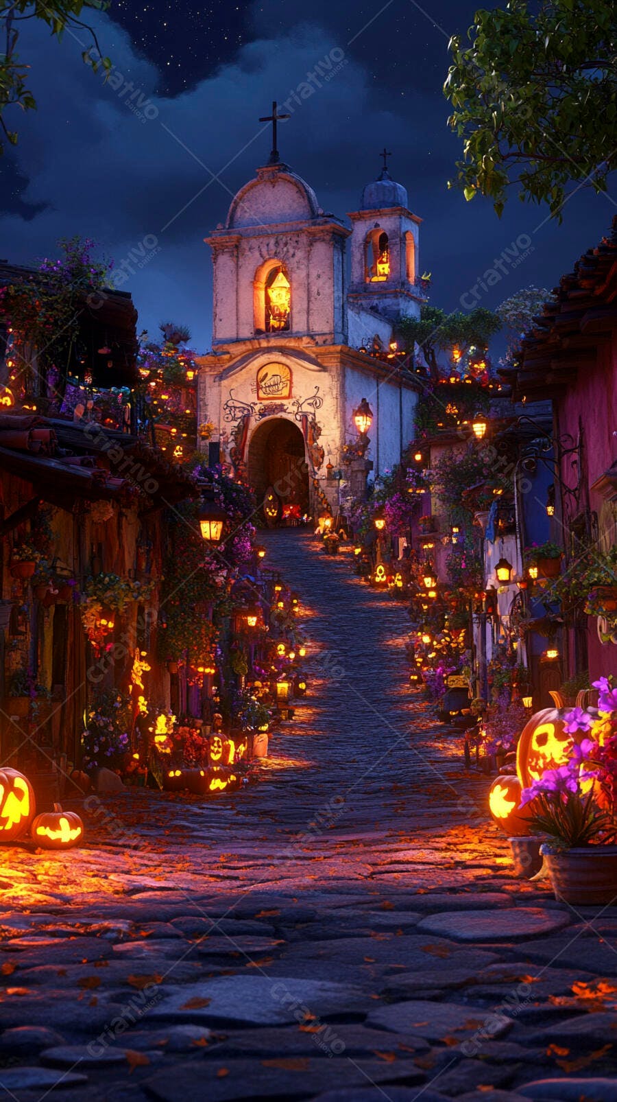 Rua encantada iluminada à noite com abóboras e igreja colorida