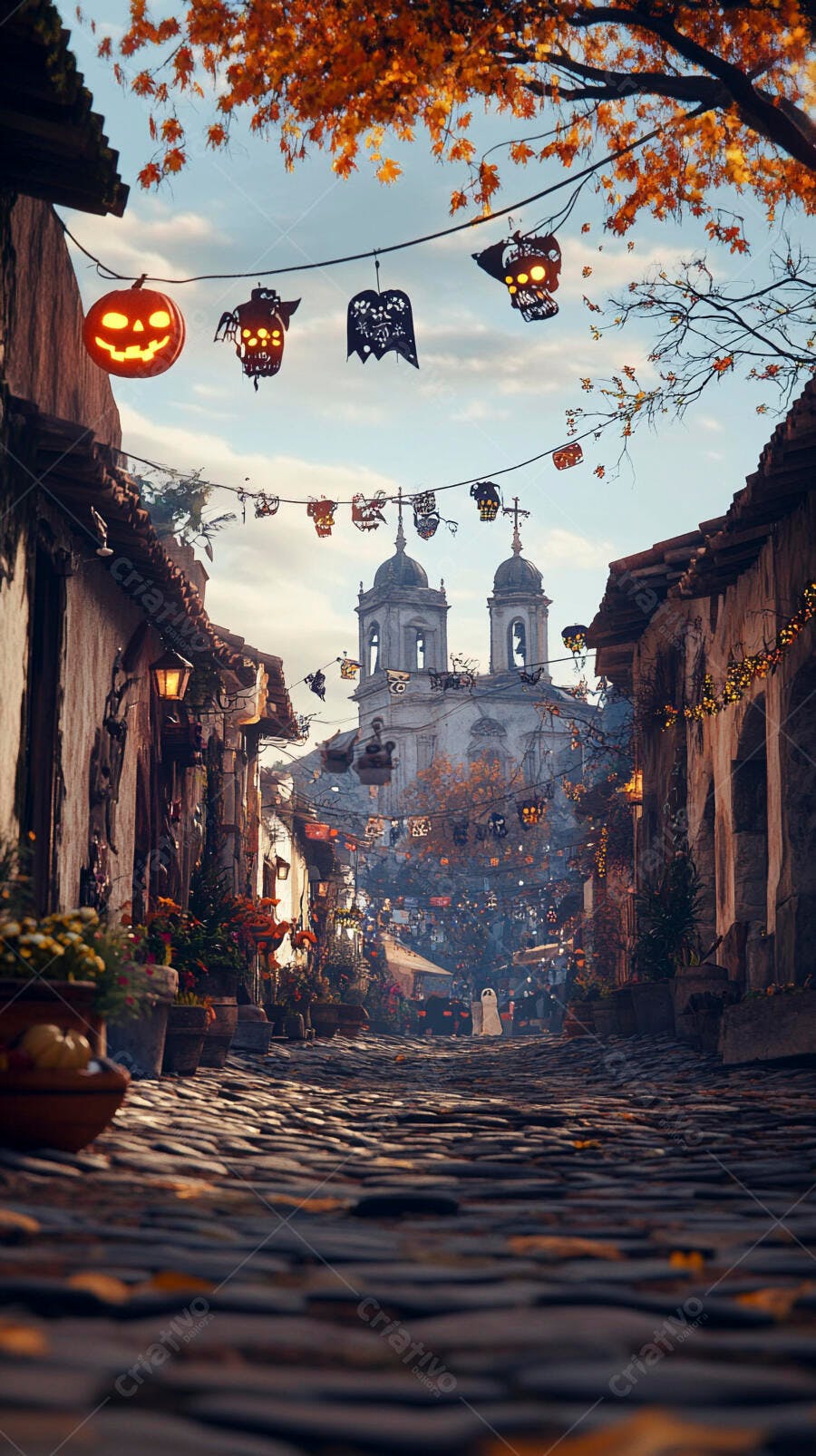 Rua de pedra outonal com abóboras luminosas e decoração de Halloween na cidade histórica