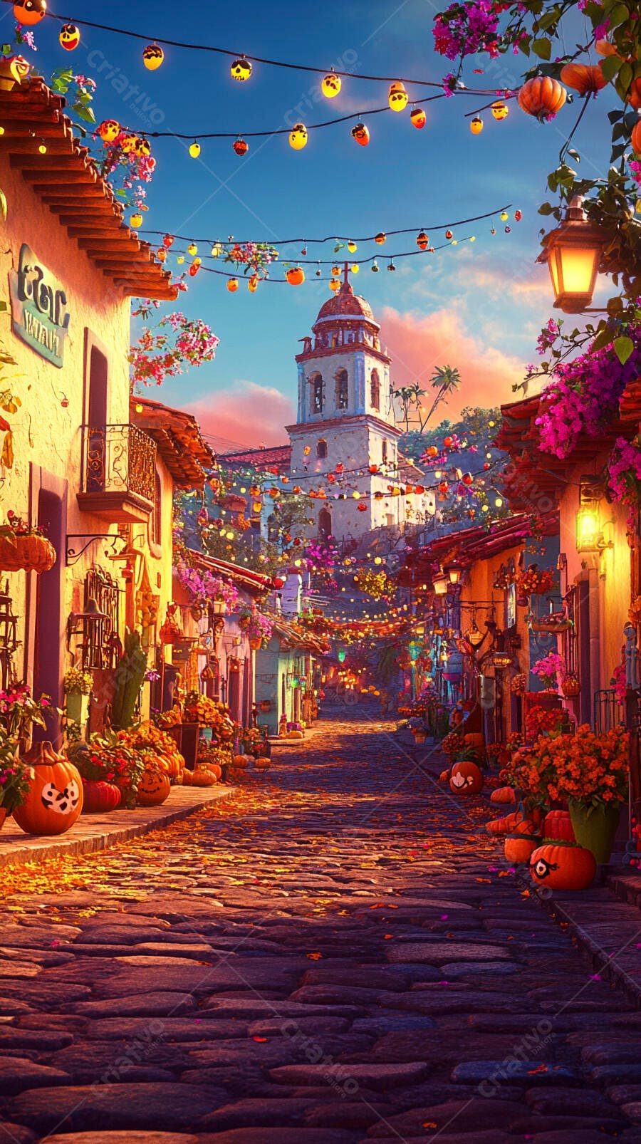 Rua de vilarejo vibrante com luzes flores e abóboras ao pôr do sol