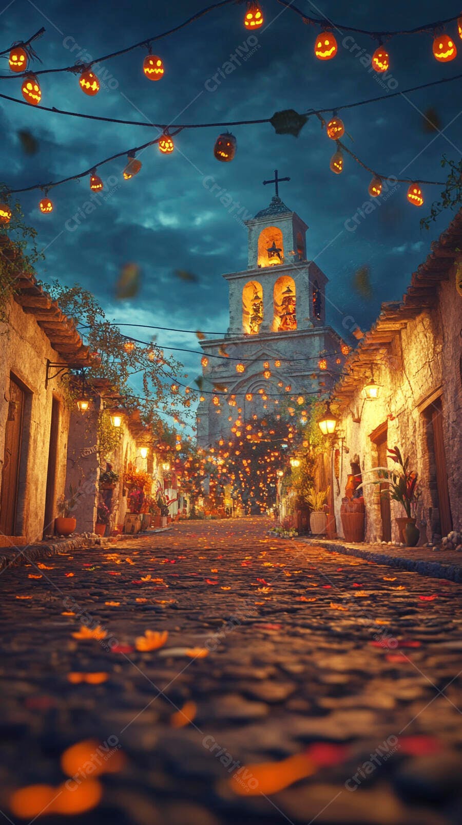 Rua antiga decorada Halloween com abóboras luminosas e igreja torre ao anoitecer