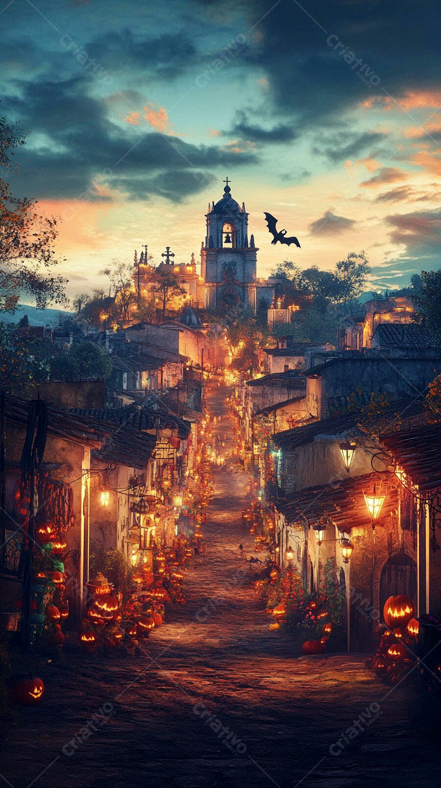 Rua de cidade antiga com abóboras de Halloween e morcego voando ao entardecer