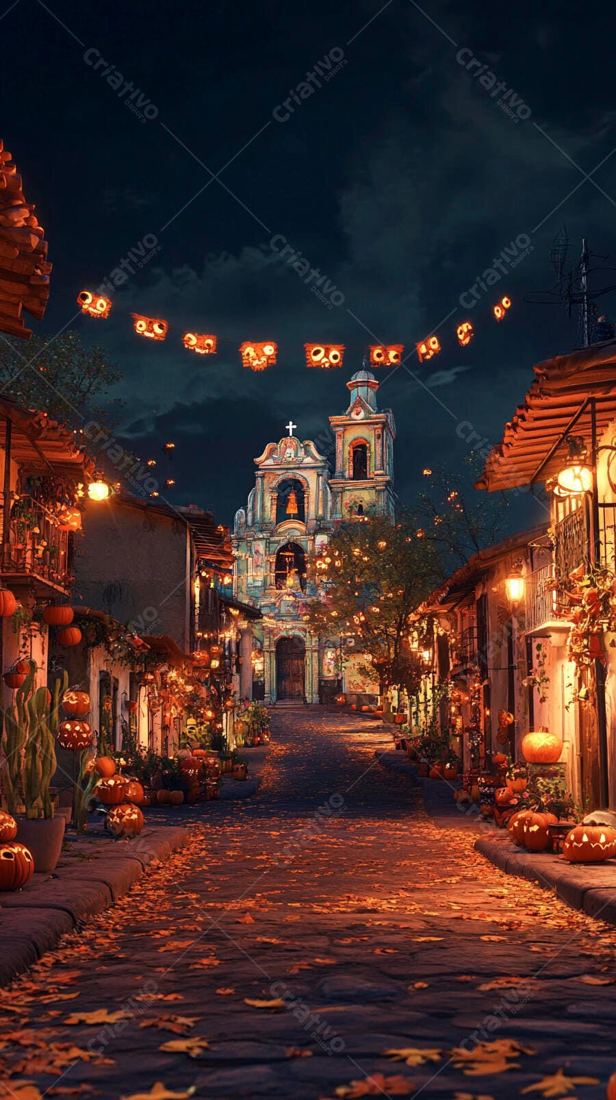 Rua colonial festiva com abóboras e folhas de outono à noite para o Halloween