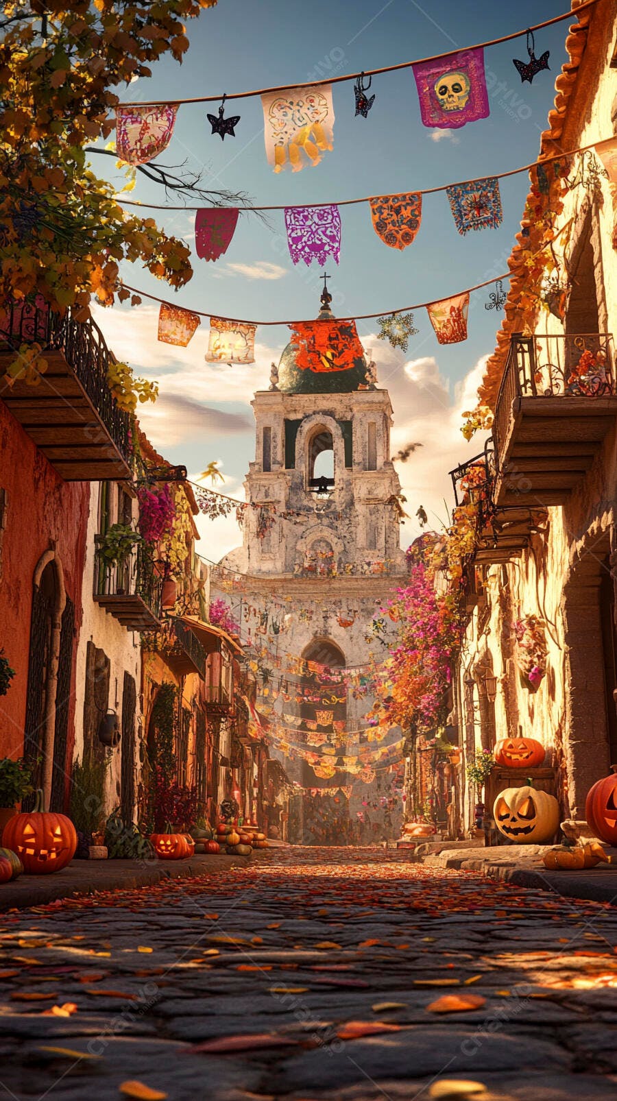 Rua de cidade colonial com abóboras e papel picado para o Dia dos Mortos