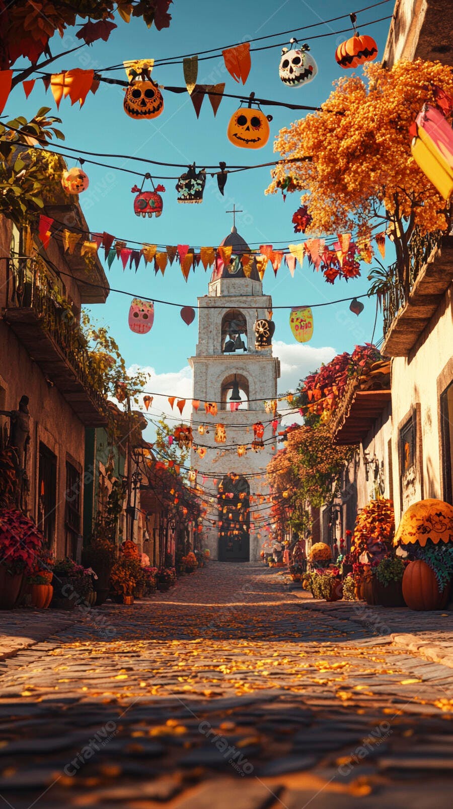 Rua de vila mexicana decorada com lanternas e bandeiras para o Dia dos Mortos