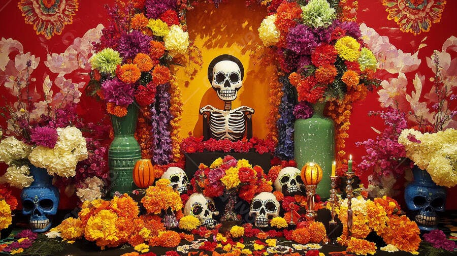 Altar de Día de Muertos com caveira esqueleto e flores vibrantes laranja vermelho roxo