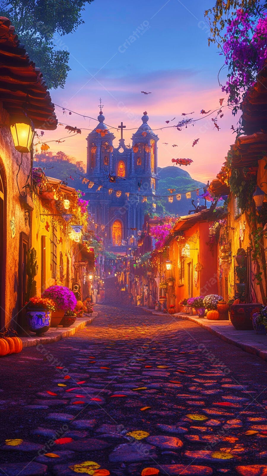 Rua de vila colonial colorida com igreja e decorações festivas ao pôr do sol