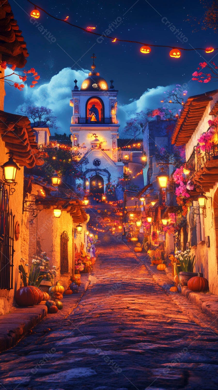 Rua de cidade antiga decorada com abóboras e luzes de Halloween à noite