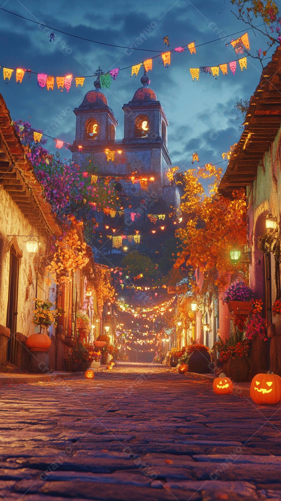 Rua vibrante com abóboras de Halloween e bandeirinhas coloridas ao anoitecer