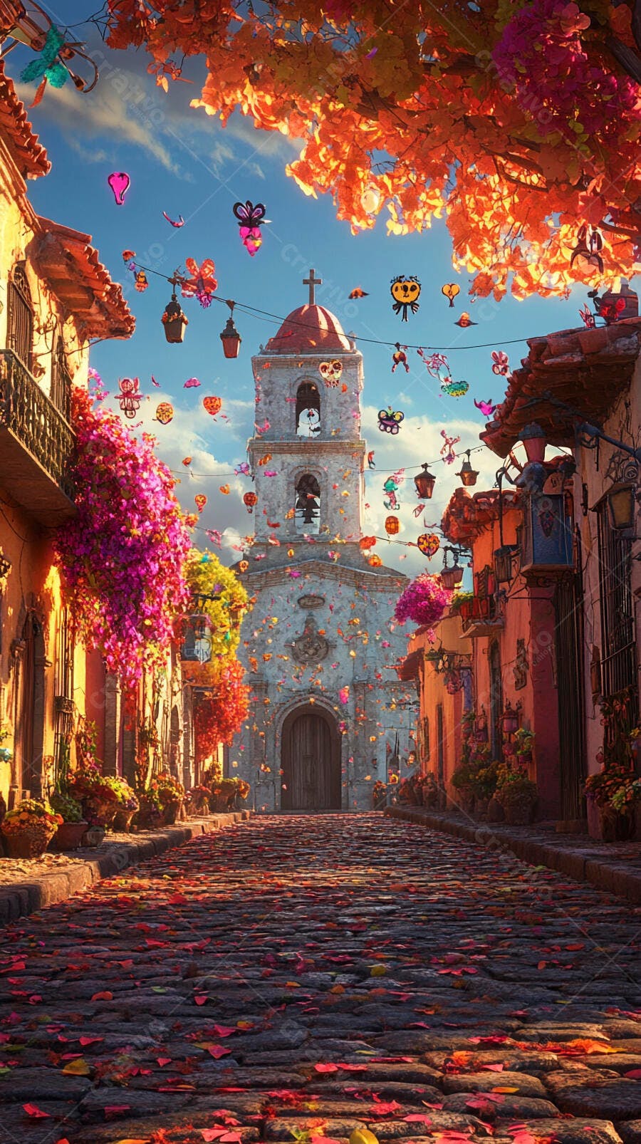 Rua colorida de vila mexicana com igreja e decorações festivas outono