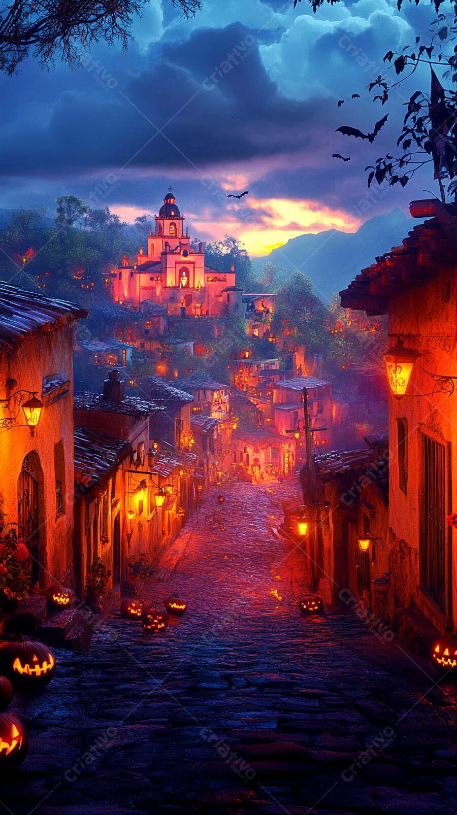 Vila medieval com rua de paralelepípedos iluminada por abóboras e morcegos no Halloween
