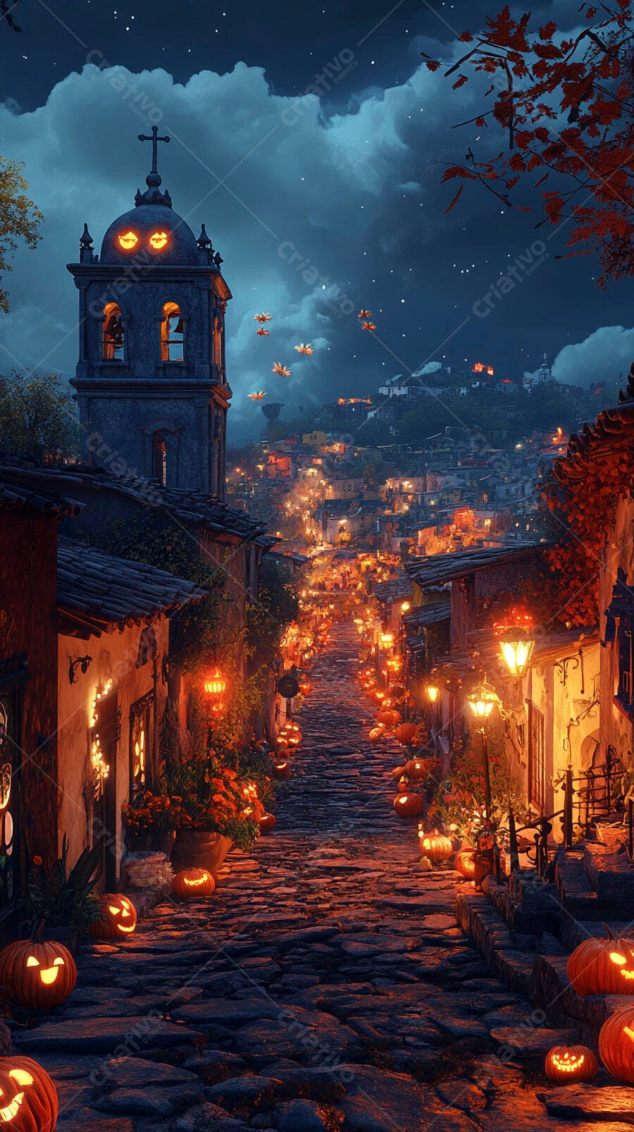 Rua de paralelepípedos decorada para Halloween com abóboras e torre de igreja à noite
