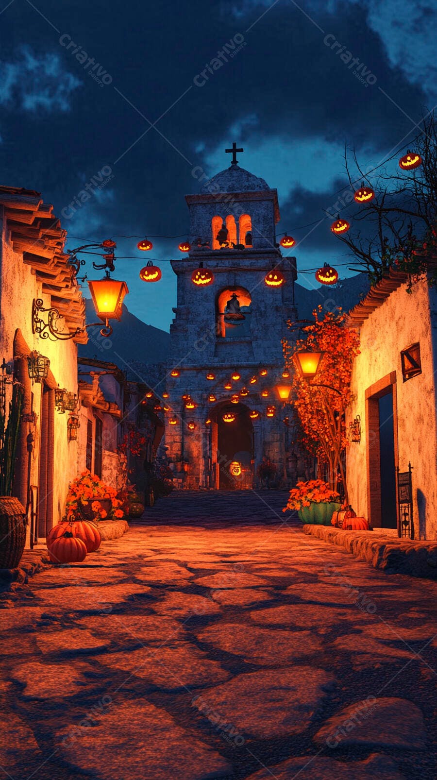 Rua de vila antiga decorada com abóboras e lanternas de Halloween à noite