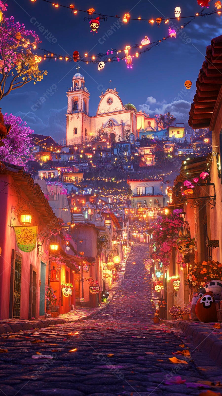 Vila mexicana colorida em festival noturno Dia de Muertos com igreja iluminada