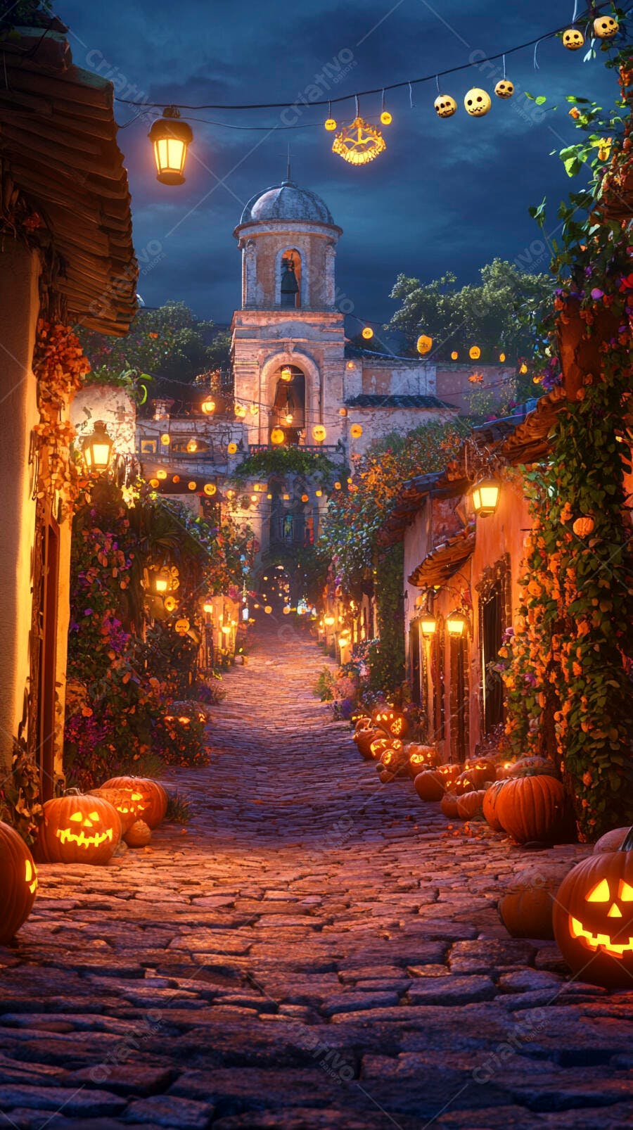 Rua de paralelepípedos decorada com abóboras e lanternas no Halloween
