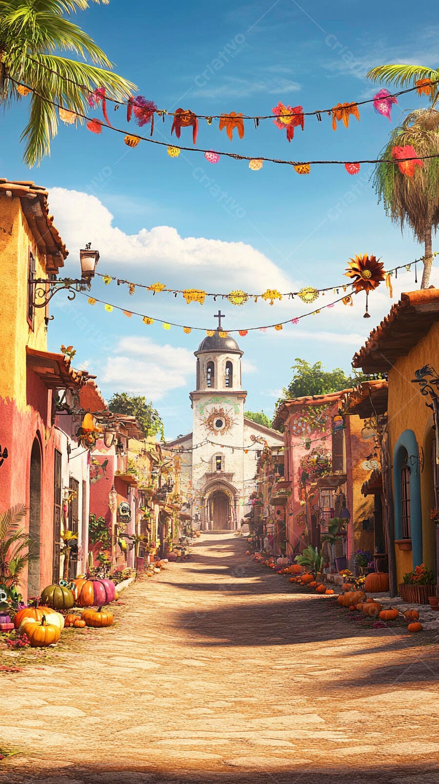 Rua mexicana vibrante decorada para festa com igreja e abóboras