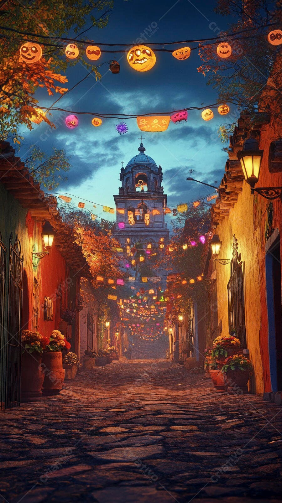 Rua colonial iluminada com lanternas e papel picado vibrante ao anoitecer igreja torre