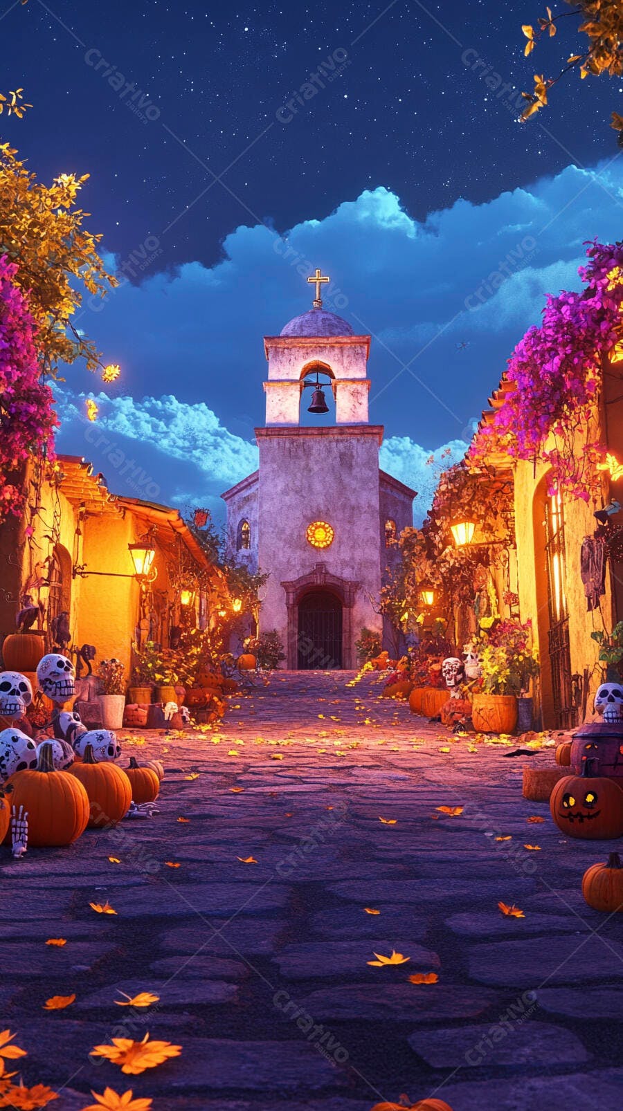 Rua de aldeia decorada com abóboras caveiras e igreja à noite Dia dos Mortos