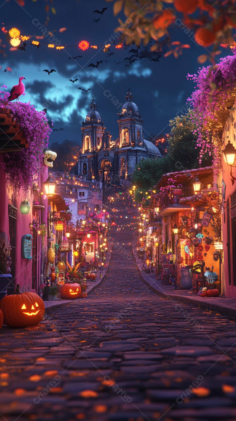 Rua mexicana festiva com abóboras igreja e calaveras celebração Dia de Muertos