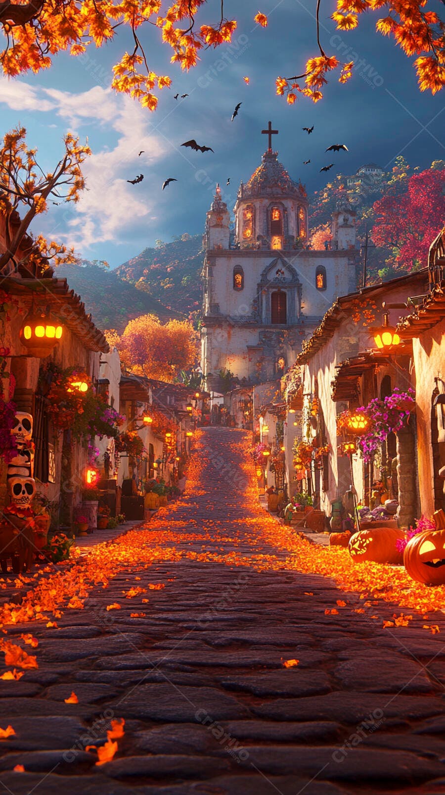 Rua de vila colorida com igreja e folhas de outono para Dia dos Mortos