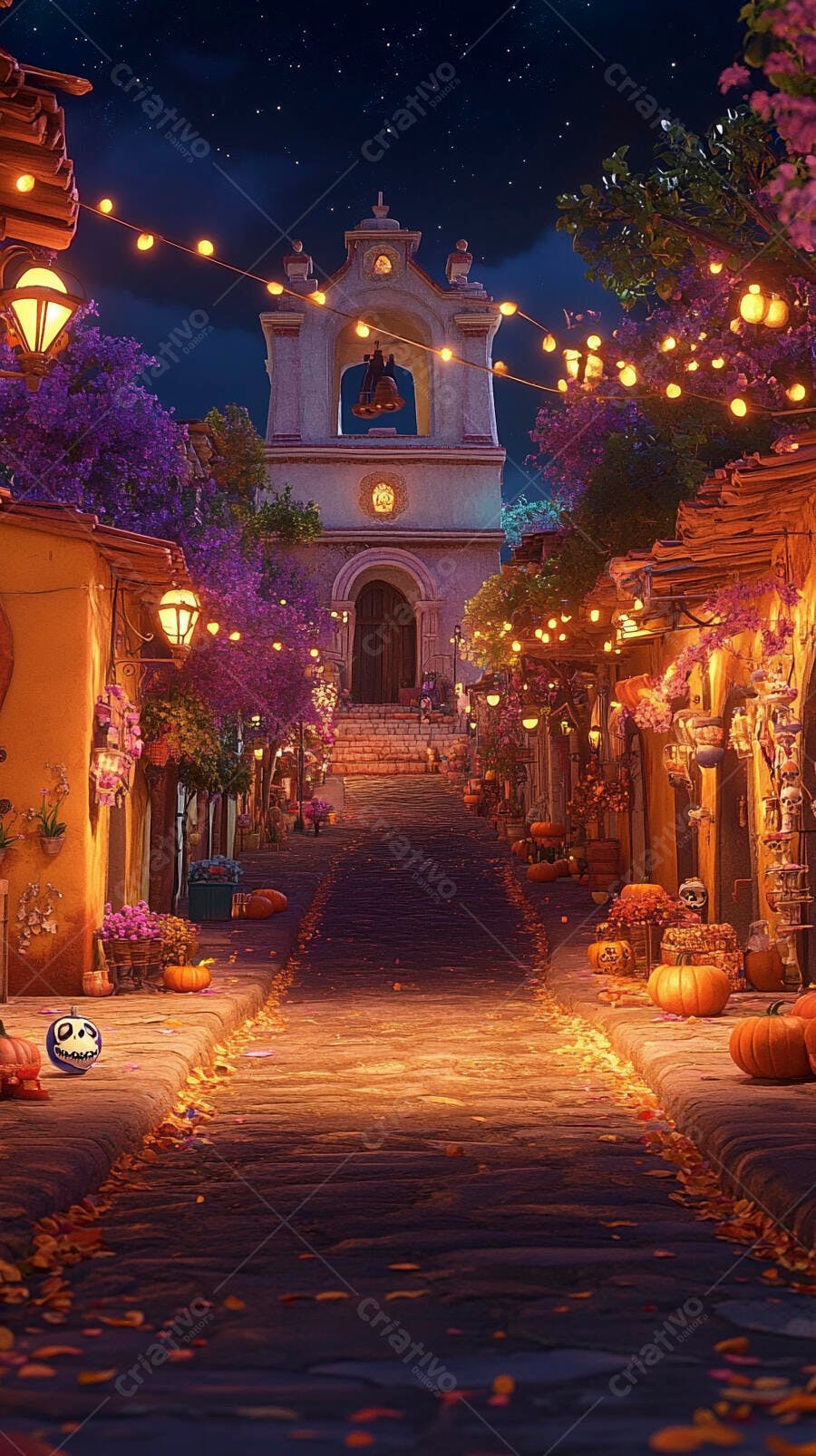 Rua festiva de outono com abóboras e igreja iluminada à noite