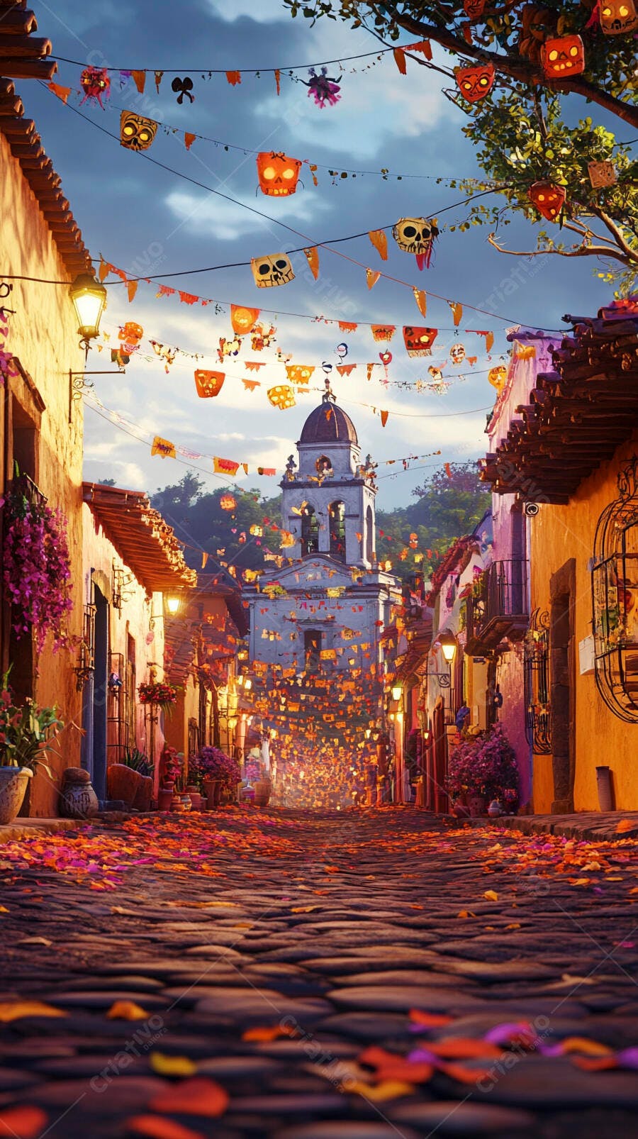 Rua colorida festiva com papel picado e igreja mexicana ao entardecer