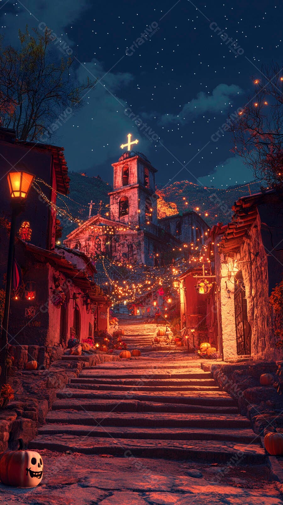 Rua colonial iluminada com abóboras e igreja ao fundo em noite de Halloween