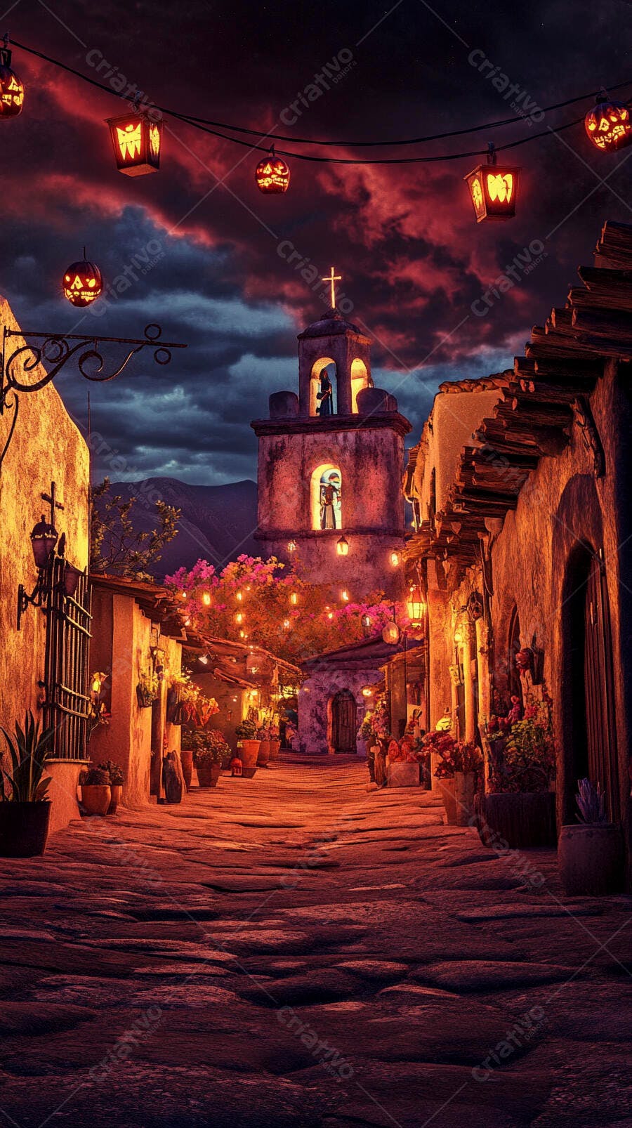 Vila antiga iluminada laranja e roxo com lanternas de abóbora na rua