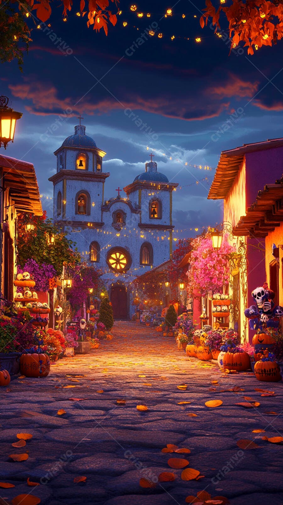 Rua mexicana decorada para Dia de Muertos com igreja e luzes festivas ao anoitecer